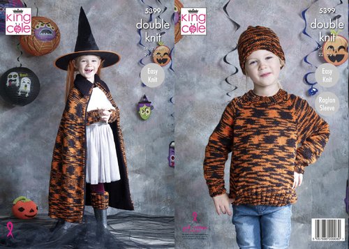 King Cole 5399 Knitting Pattern Childrens Halloween Witches Cape Set and Pumpkin in Glitz DK