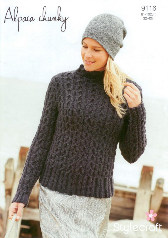Stylecraft 9116 Knitting Pattern Ladies Cable Sweater in Alpaca Chunky ...
