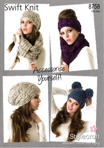 Stylecraft 8758 Knitting Pattern Ladies Hat Headband and Snood in Swift Knit Super Chunky