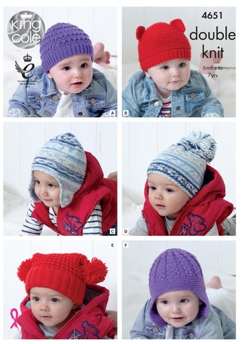 King Cole 4651 Knitting Pattern Babies Childrens Hats in Cherished DK