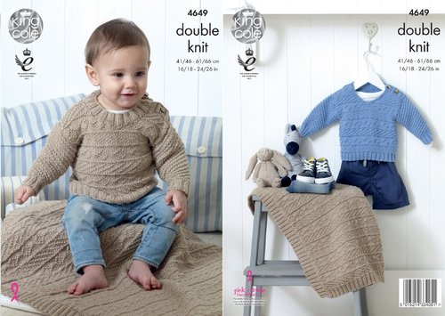 King Cole 4649 Knitting Pattern Childrens Round and V Neck Sweaters and Blanket  in Cherished DK
