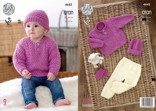 King Cole 4645 Knitting Pattern Baby Sweater, Trousers, Hat and Mittens in King Cole Comfort Aran
