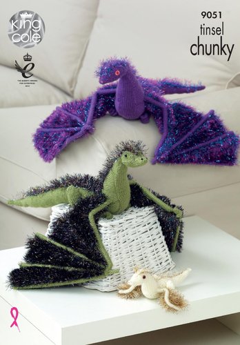 King Cole 9051 Knitting Pattern Toy Dragons in Tinsel Chunky and Pricewise DK