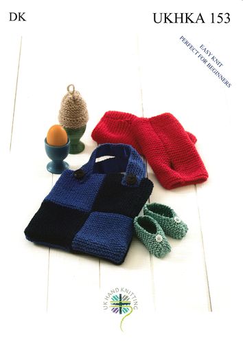 UKHKA 153 Knitting Pattern Easy Knit Baby Shoes, Egg Cosy, Wrist Warmers and Bag in DK