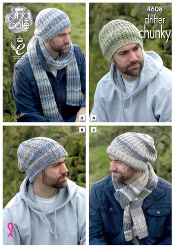 King Cole 4608 Knitting Pattern Mens Hats and Scarves in King Cole Drifter Chunky