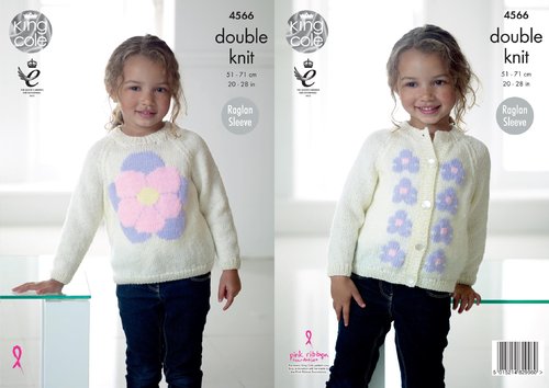 King Cole 4566 Knitting Pattern Girls Raglan Sleeve Flower Sweater in King Cole Pricewise DK