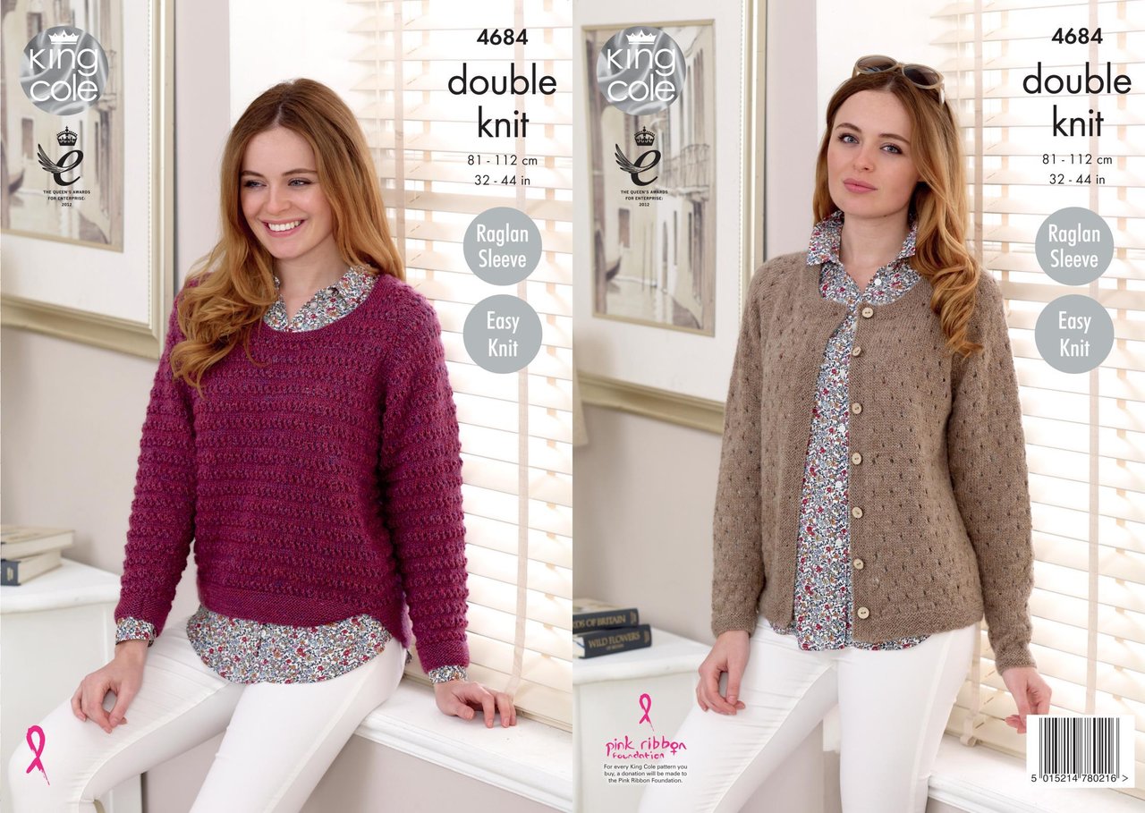 King Cole Femmes Double Knitting Pattern Raglan Câblés pull et cardigan 4938