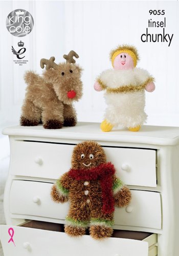 King Cole 9055 Knitting Pattern  Christmas Rudolph, Angel & Gingerbread Man in Tinsel Chunky
