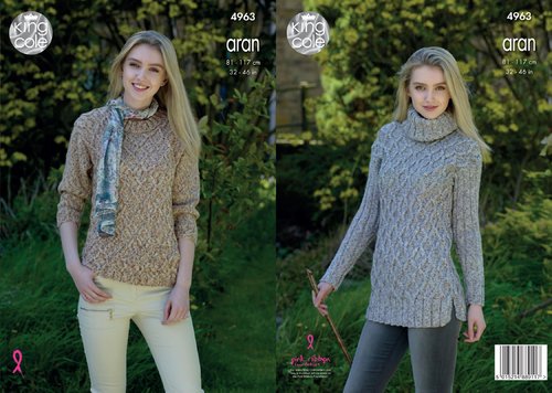 King Cole 4963 Knitting Pattern Short and Long Sweaters in King Cole Fashion Aran Combo