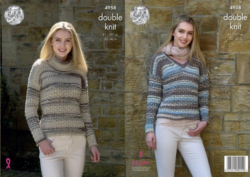 King Cole 4958 Knitting Pattern Womens Polo Neck and V Neck Sweaters in King Cole Drifter DK