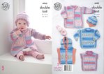King Cole 4995 Knitting Pattern Coat Hat Sweater Tabbard Gilet in Drifter For Baby & Cottonsoft DK