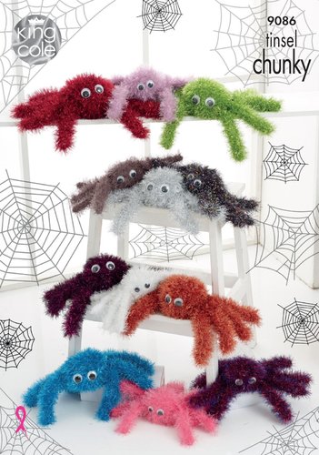 King Cole 9086 Knitting Pattern Halloween Tinsel Spiders in King Cole Tinsel Chunky