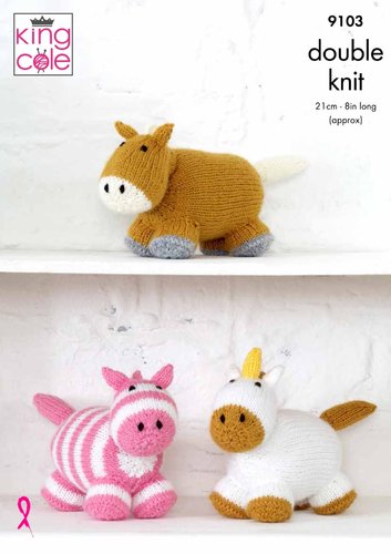 King Cole 9103 Knitting Pattern Horse Unicorn and Zebra Toys in King Cole Big Value DK