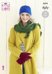 King Cole 5474 Knitting Pattern Womens Easy Lace Wrap, Gloves and Hat in King Cole Merino 4 Ply