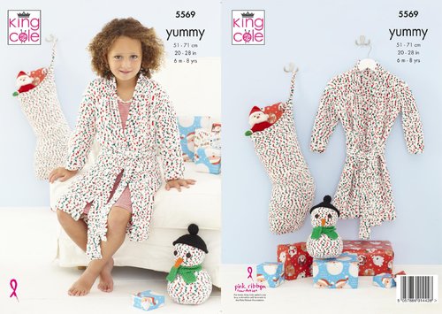 King Cole 5569 Knitting Pattern Childrens Dressing Gown Snowman and Stocking in King Cole Yummy