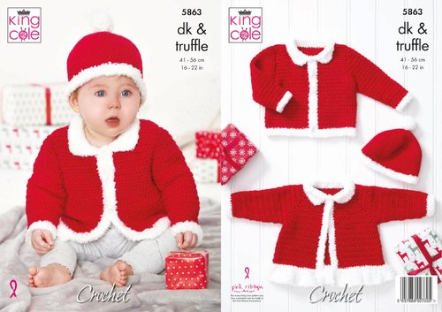 King Cole 5863 Crochet Pattern Baby Christmas Jackets and Hat in King Cole Cherished DK and Truffle