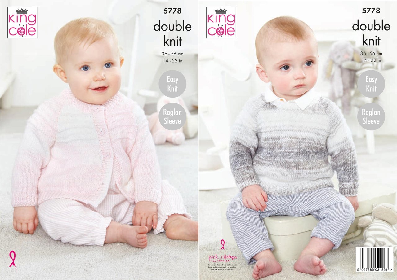 King Cole Baby Double Knitting Pattern Easy Knit Raglan Sleeve Jacket Sweater Cardigan & Hat 4805 