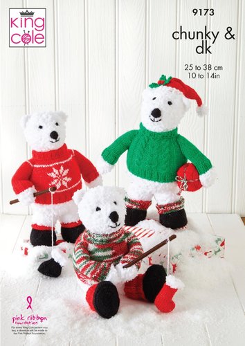 King Cole 9173 Knitting Pattern Christmas Polar Bears in Cuddles Chunky Glitz DK and Big Value DK